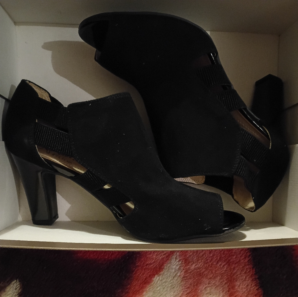 LifeStride Black Stretch Slip-On Block Heel Peep Toe Shoes Comfort Support
